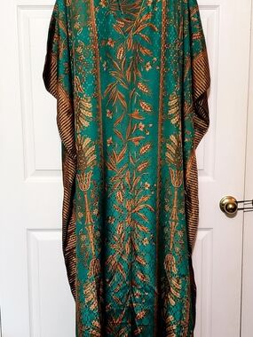 Ashro Teal and Gold Botanical Print Caftan